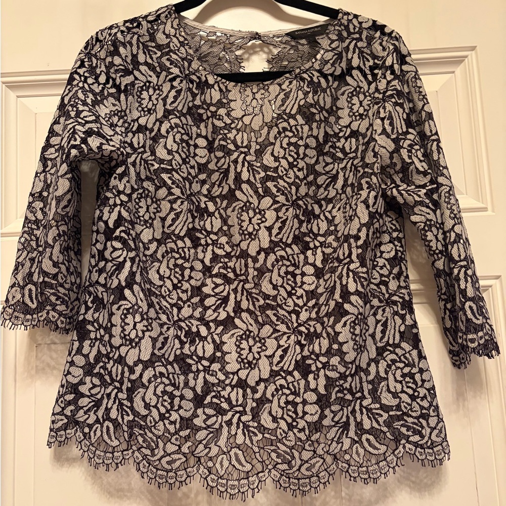 Banana Republic Black and White Lace Floral Blouse